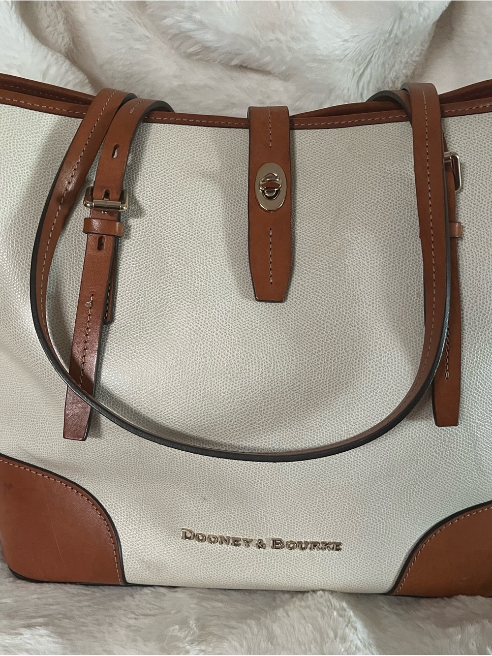 Dooney & Bourke Cream Canvas Tote with Brown Leather Trim and Gold Hardware